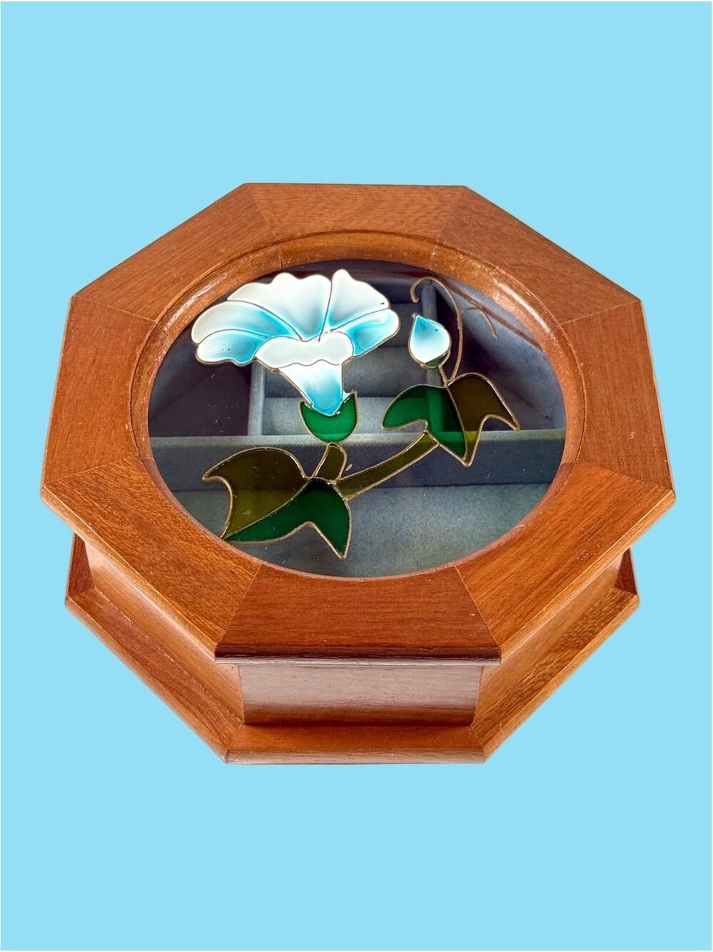 Vintage Gunther Mele Stained Glass Morning Glory Wood Jewelry Box Vanity Decor
